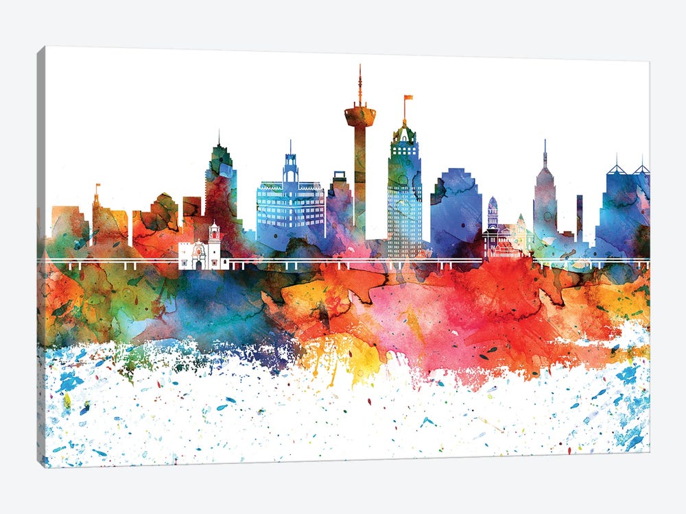 San Antonio Colorful Watercolor Skyline by WallDecorAddict 1-piece Canvas Art