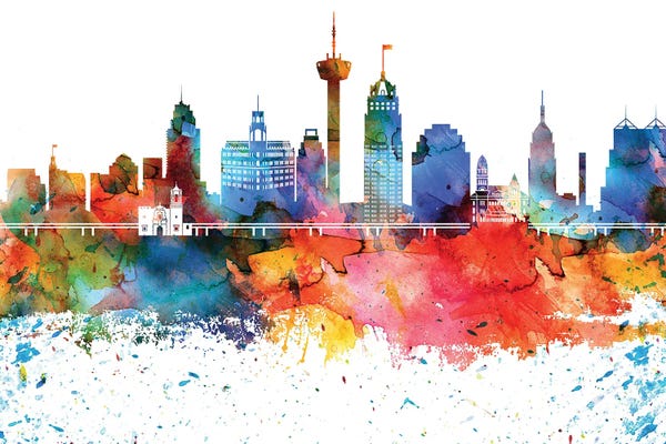 Skylines: San Antonio Colorful Watercolor Skyline by WallDecorAddict