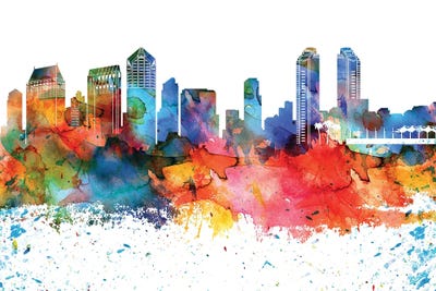 San Diego Colorful Watercolor Skyline by WallDecorAddict canvas print