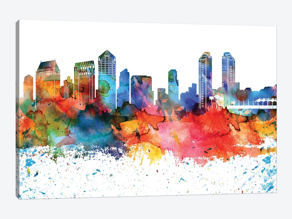 San Diego Colorful Watercolor Skyline by WallDecorAddict 1-piece Art Print