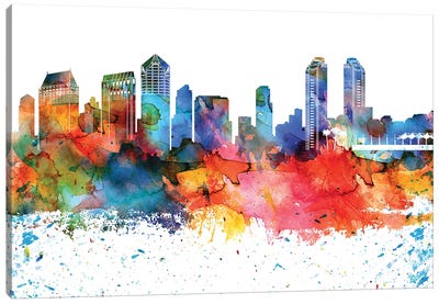 San Diego Colorful Watercolor Skyline Canvas Art Print - San Diego Art