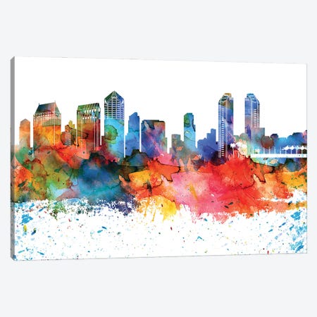 San Diego Colorful Watercolor Skyline Canvas Print #WDA1365} by WallDecorAddict Canvas Wall Art