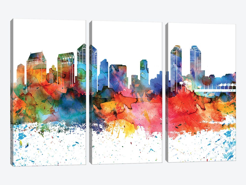 San Diego Colorful Watercolor Skyline by WallDecorAddict 3-piece Art Print