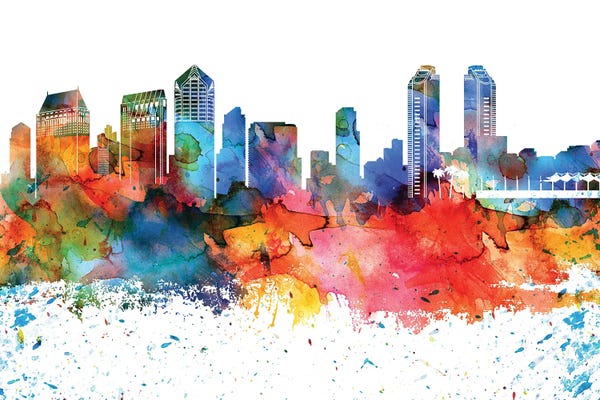 San Diego Skylines: San Diego Colorful Watercolor Skyline by WallDecorAddict