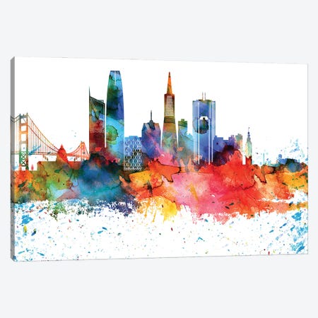 San Francisco Colorful Watercolor Skyline Canvas Print #WDA1366} by WallDecorAddict Canvas Wall Art