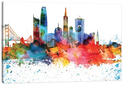 San Francisco Colorful Watercolor Skyline Canvas Art Print - San Francisco Skylines