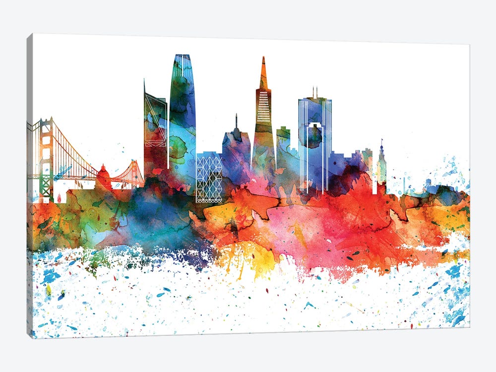 San Francisco Colorful Watercolor Skyline by WallDecorAddict 1-piece Canvas Art
