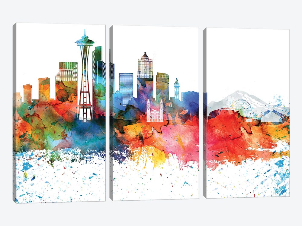 Seattle Colorful Watercolor Skyline by WallDecorAddict 3-piece Canvas Art