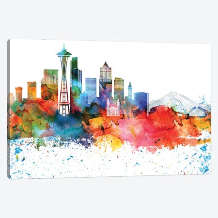 Seattle Colorful Watercolor Skyline Canvas Print #WDA1368} by WallDecorAddict Art Print