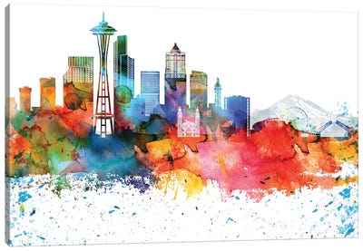 Seattle Colorful Watercolor Skyline Canvas Art Print - Seattle Skylines