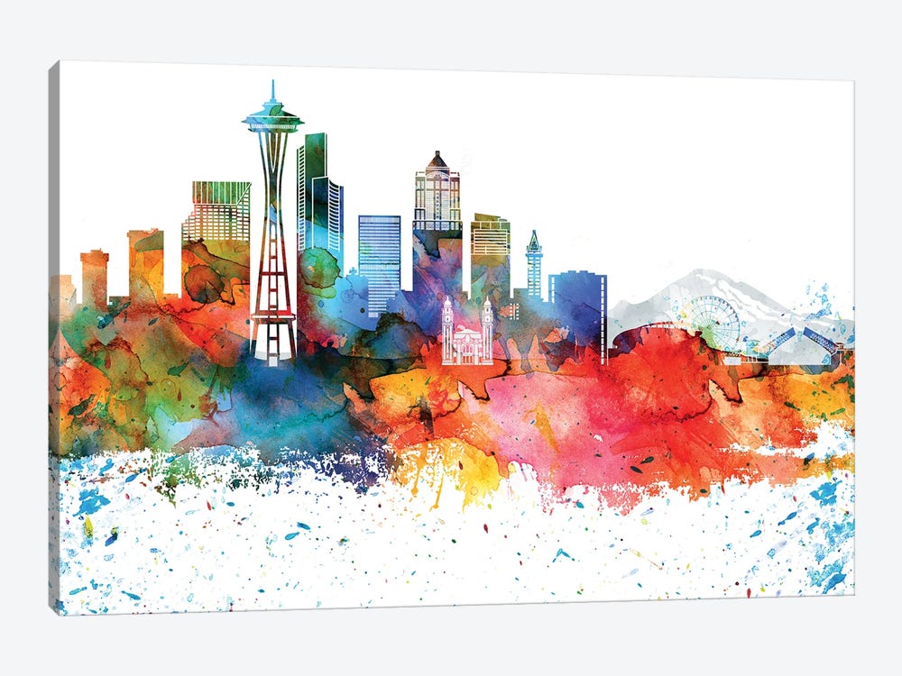Seattle Colorful Watercolor Skyline by WallDecorAddict 1-piece Canvas Artwork