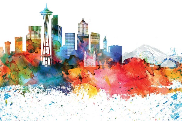 WallDecorAddict: Seattle Colorful Watercolor Skyline by WallDecorAddict