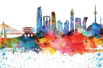 Seoul Colorful Watercolor Skyline by WallDecorAddict canvas print