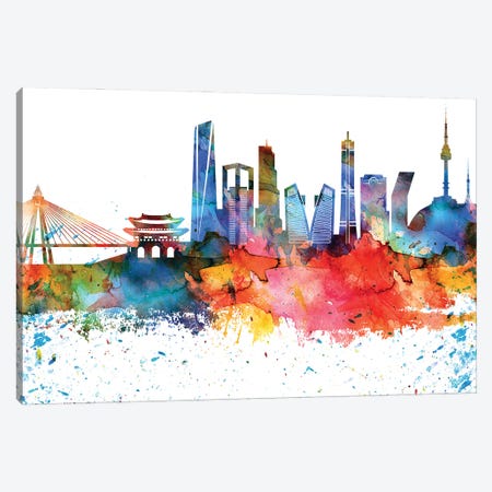 Seoul Colorful Watercolor Skyline Canvas Print #WDA1369} by WallDecorAddict Art Print