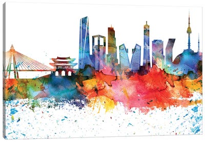 Seoul Colorful Watercolor Skyline Canvas Art Print - South Korea