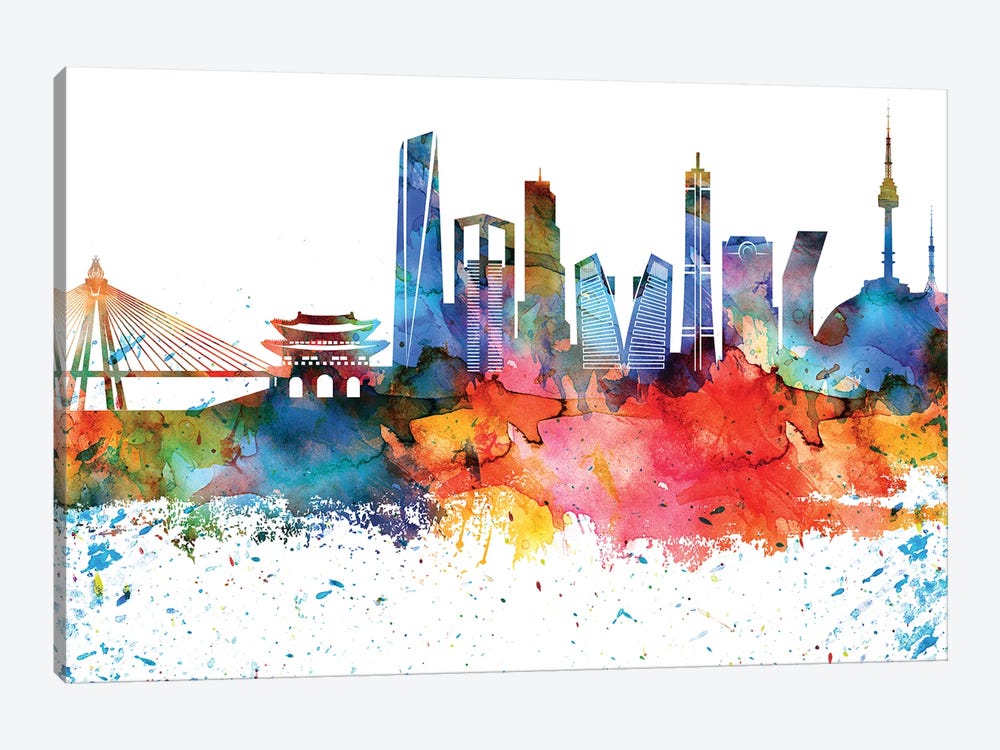 Seoul Colorful Watercolor Skyline by WallDecorAddict 1-piece Canvas Art Print