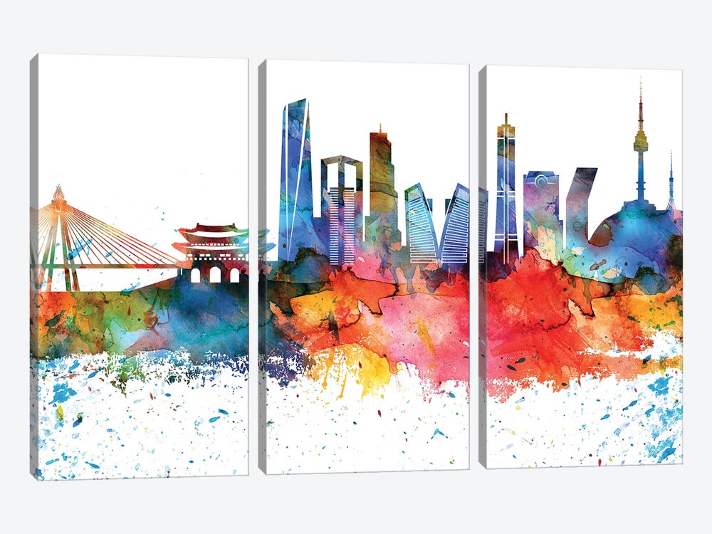 Seoul Colorful Watercolor Skyline by WallDecorAddict 3-piece Canvas Art Print
