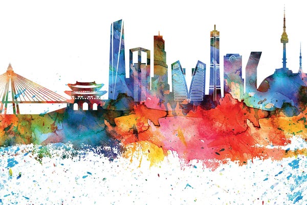 South Korea: Seoul Colorful Watercolor Skyline by WallDecorAddict