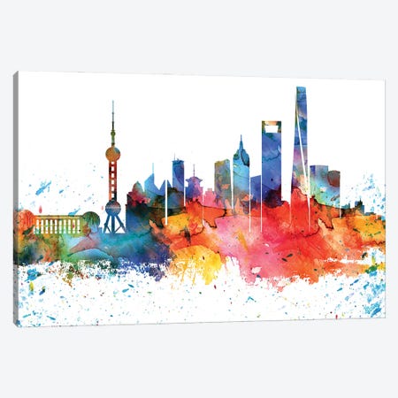 Shanghai Colorful Watercolor Skyline Canvas Print #WDA1370} by WallDecorAddict Canvas Art