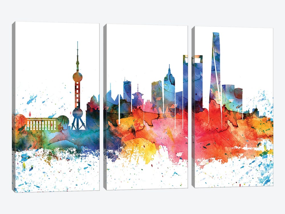 Shanghai Colorful Watercolor Skyline by WallDecorAddict 3-piece Art Print