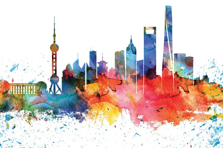 Shanghai Colorful Watercolor Skyline by WallDecorAddict wall art