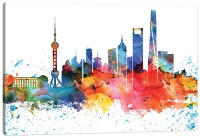 Shanghai Colorful Watercolor Skyline Canvas Art Print - Shanghai