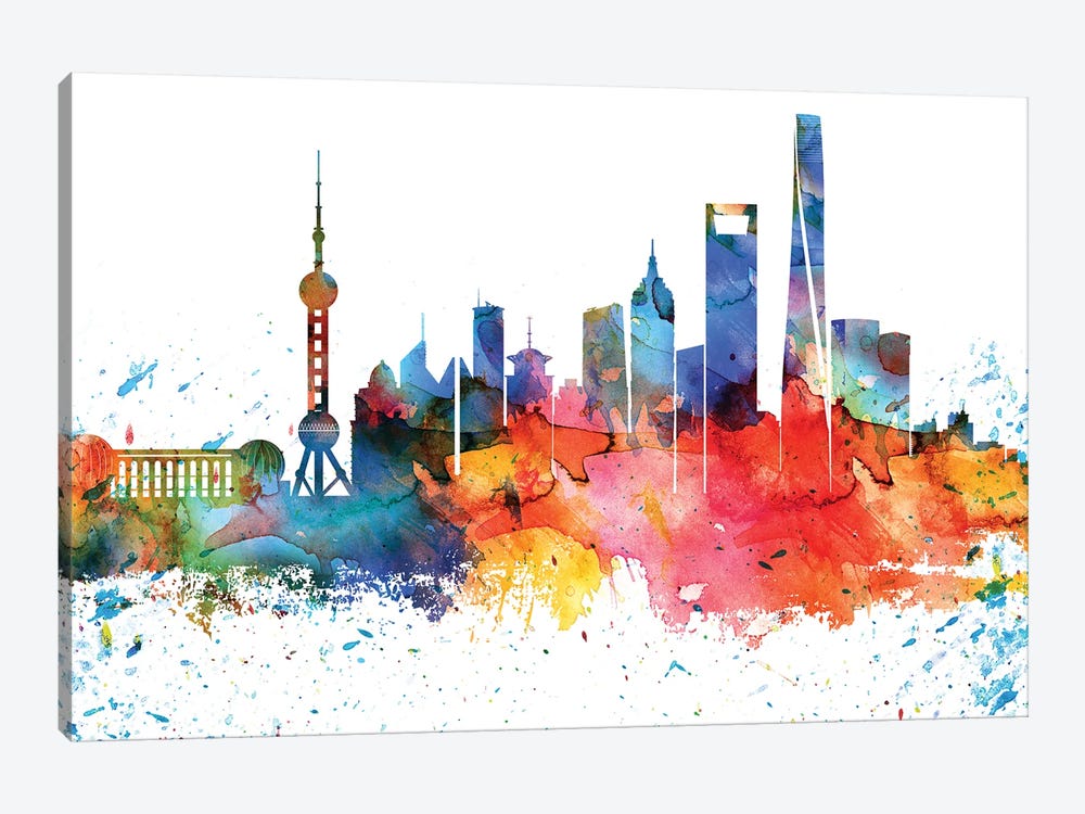 Shanghai Colorful Watercolor Skyline by WallDecorAddict 1-piece Canvas Print