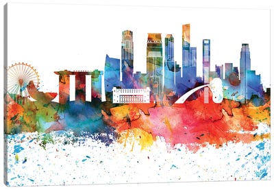 Singapore Colorful Watercolor Skyline Canvas Art Print - Singapore Art
