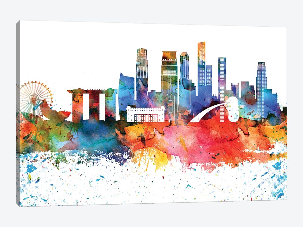 Singapore Colorful Watercolor Skyline by WallDecorAddict 1-piece Canvas Wall Art