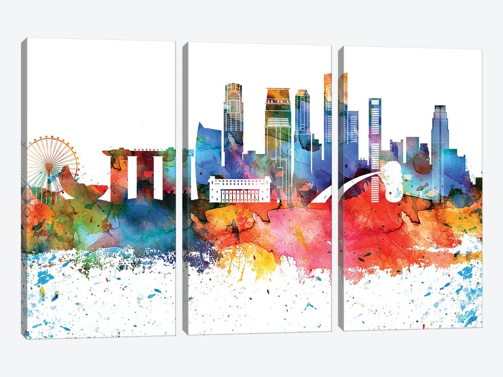 Singapore Colorful Watercolor Skyline by WallDecorAddict 3-piece Canvas Artwork