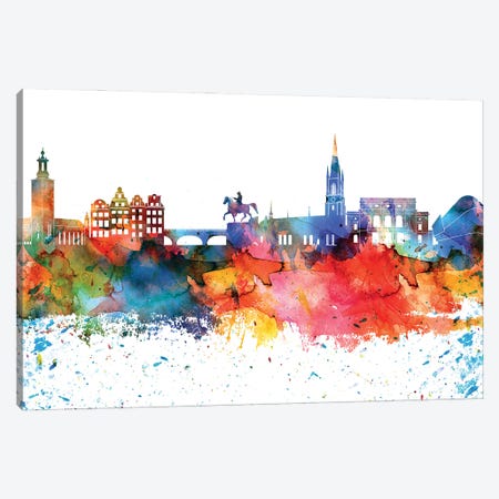 Stockholm Colorful Watercolor Skyline Canvas Print #WDA1372} by WallDecorAddict Canvas Wall Art