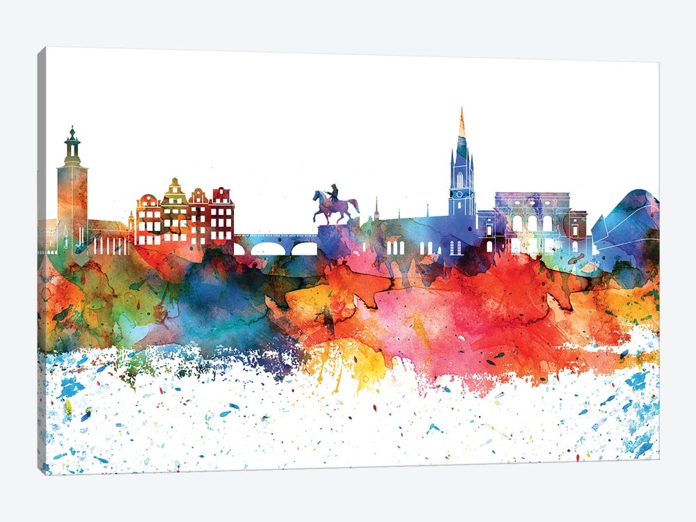 Stockholm Colorful Watercolor Skyline by WallDecorAddict 1-piece Canvas Print