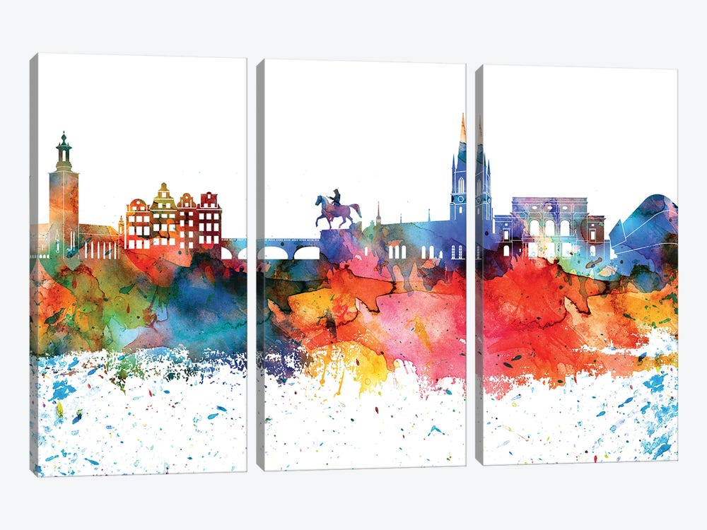 Stockholm Colorful Watercolor Skyline by WallDecorAddict 3-piece Canvas Art Print