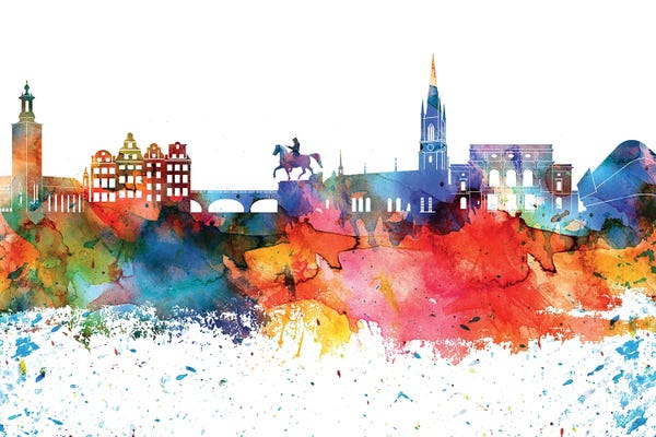 Sweden: Stockholm Colorful Watercolor Skyline by WallDecorAddict