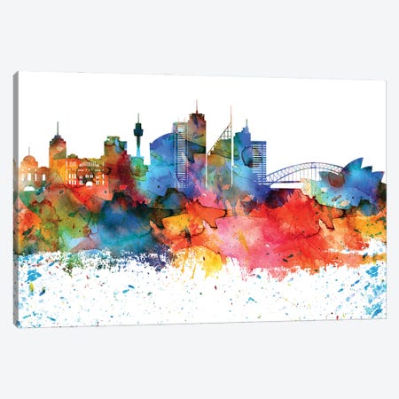 Sydney Colorful Watercolor Skyline Canvas Print #WDA1373} by WallDecorAddict Canvas Wall Art