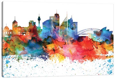 Sydney Colorful Watercolor Skyline Canvas Art Print - Sydney Art