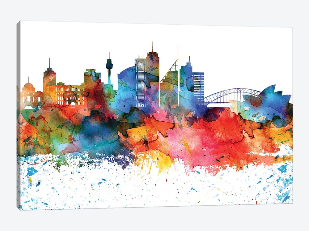 Sydney Colorful Watercolor Skyline by WallDecorAddict 1-piece Canvas Art