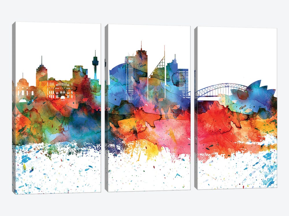 Sydney Colorful Watercolor Skyline by WallDecorAddict 3-piece Canvas Wall Art