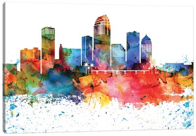 Tampa Colorful Watercolor Skyline Canvas Art Print - Tampa Bay