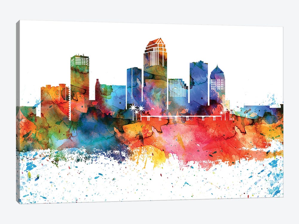 Tampa Colorful Watercolor Skyline by WallDecorAddict 1-piece Canvas Art