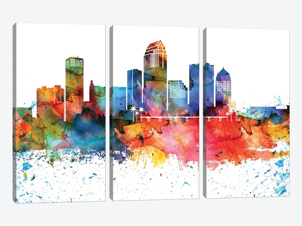 Tampa Colorful Watercolor Skyline by WallDecorAddict 3-piece Canvas Art