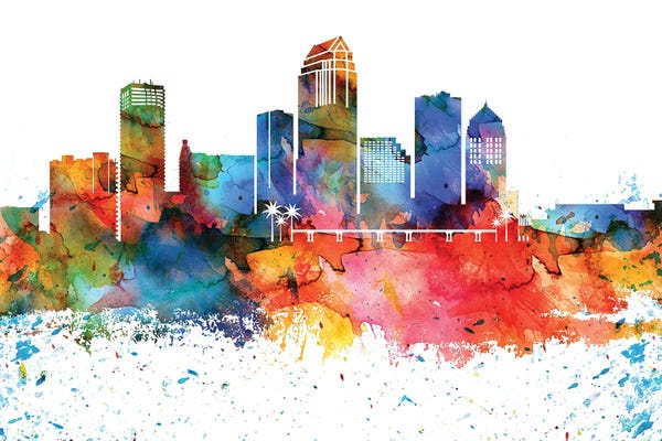 Florida: Tampa Colorful Watercolor Skyline by WallDecorAddict