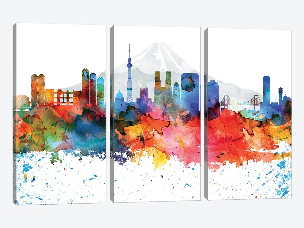 Tokyo Colorful Watercolor Skyline by WallDecorAddict 3-piece Canvas Print