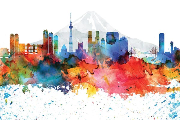WallDecorAddict: Tokyo Colorful Watercolor Skyline by WallDecorAddict