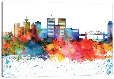 Vancouver Colorful Watercolor Skyline Canvas Art Print - Canada Art