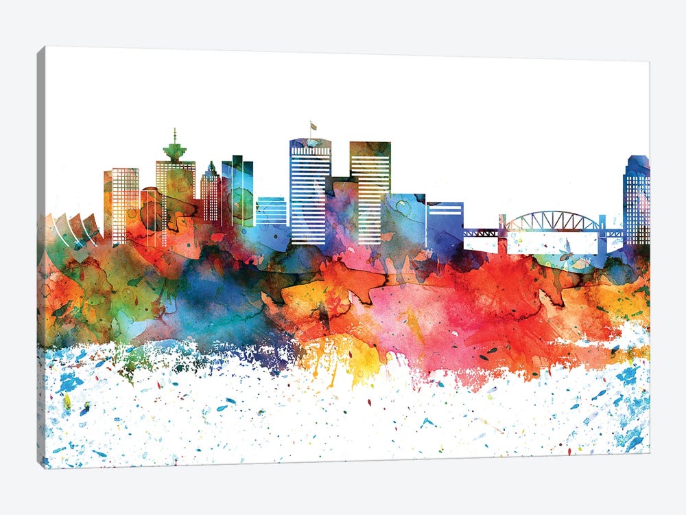 Vancouver Colorful Watercolor Skyline by WallDecorAddict 1-piece Canvas Artwork