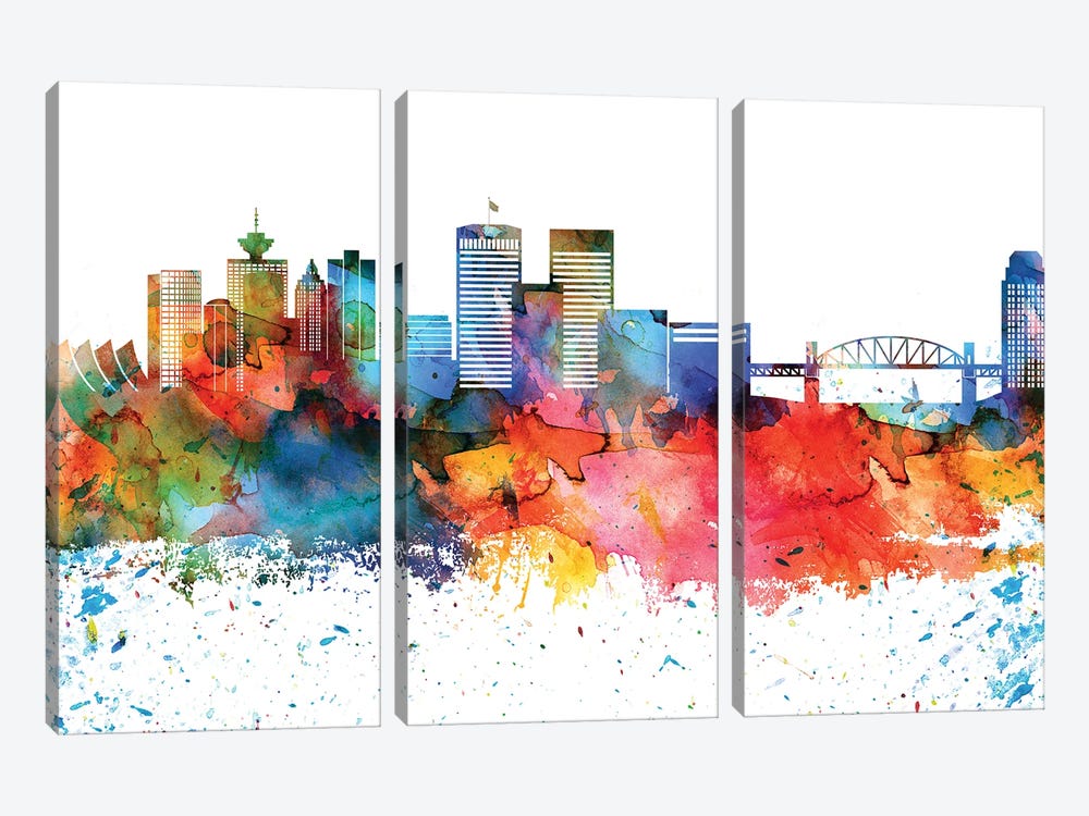 Vancouver Colorful Watercolor Skyline by WallDecorAddict 3-piece Canvas Artwork