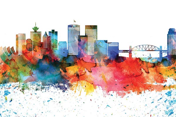 British Columbia: Vancouver Colorful Watercolor Skyline by WallDecorAddict