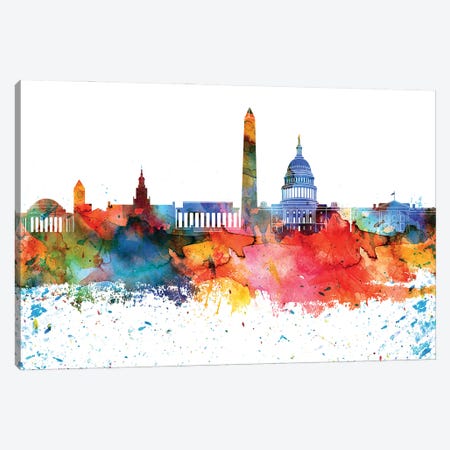 Washington Colorful Watercolor Skyline Canvas Print #WDA1385} by WallDecorAddict Canvas Art