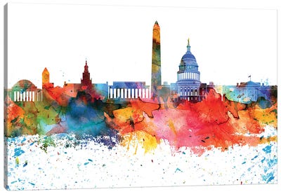 Washington Colorful Watercolor Skyline Canvas Art Print - Washington D.C. Art